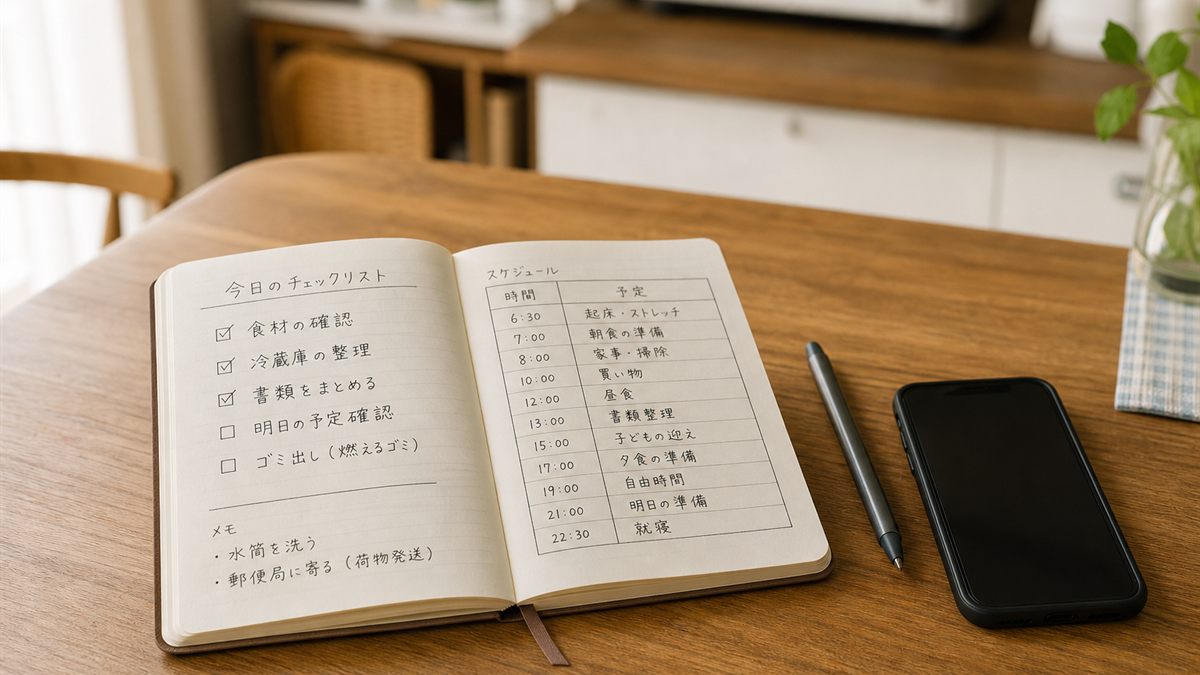 確認事項を書いたノートと携帯電話