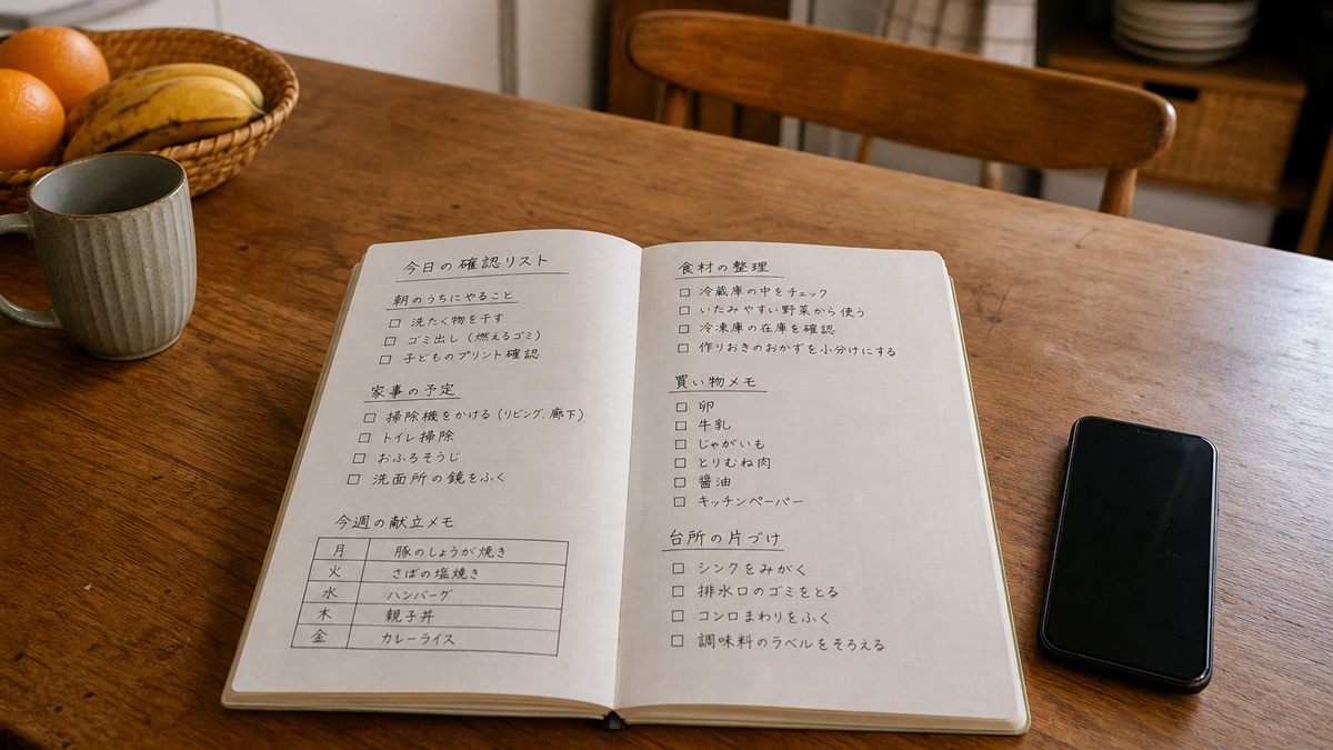 確認事項を書いたノートと携帯電話