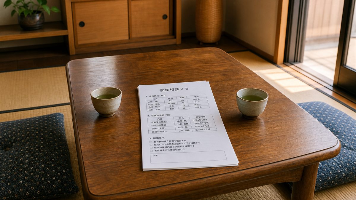 湯呑みと書類を置いた居間の座卓