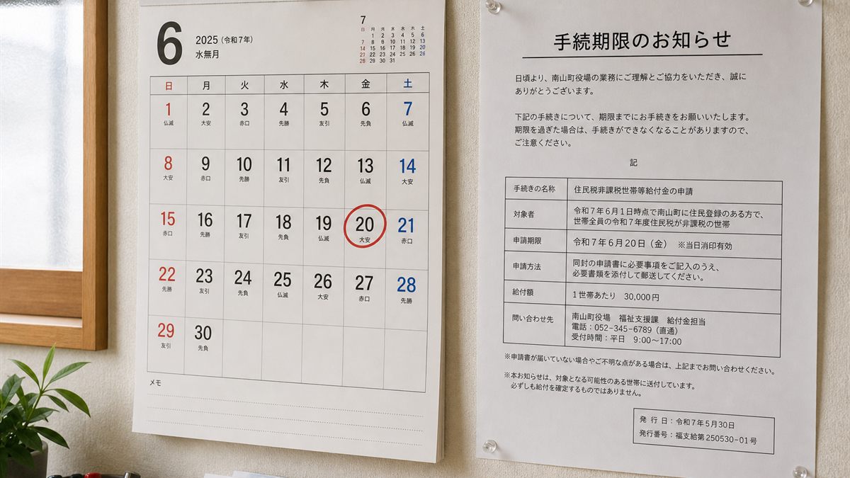 日付に印をつけたカレンダーと通知書