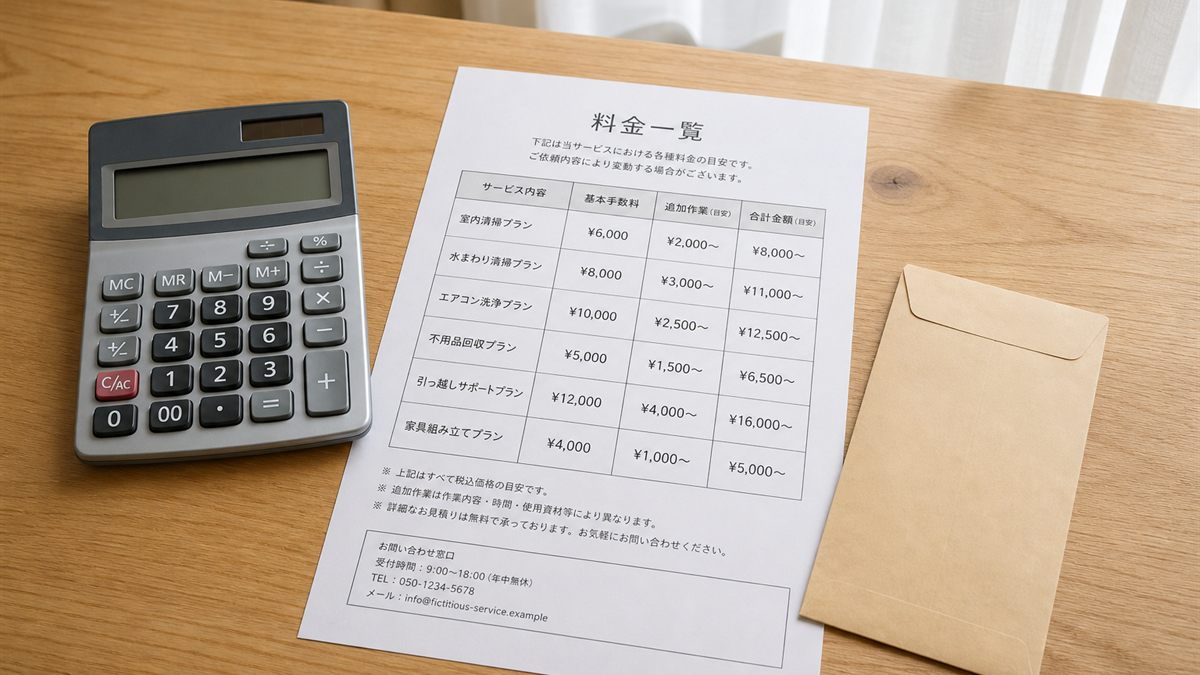 電卓と手数料一覧を置いた机
