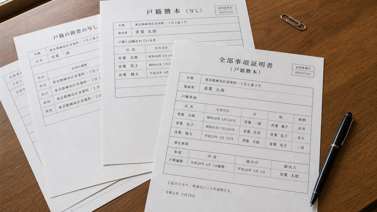 戸籍謄本などの書類を重ねた机