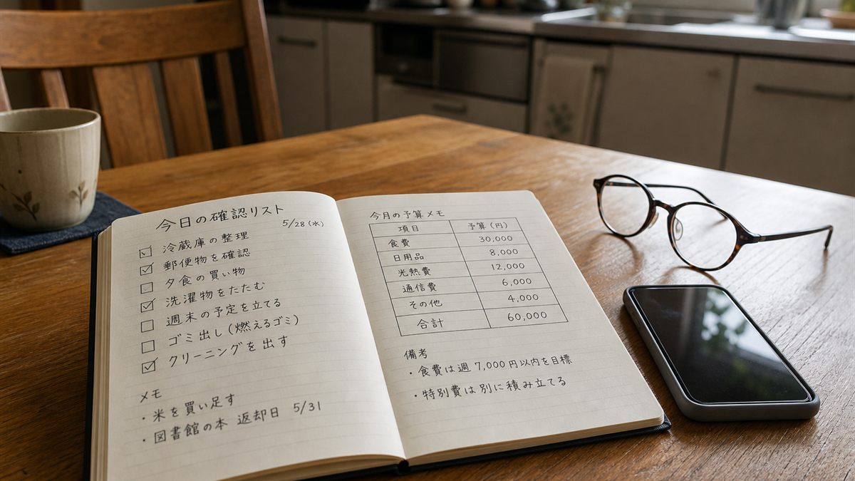 確認事項を書いたノートと携帯電話
