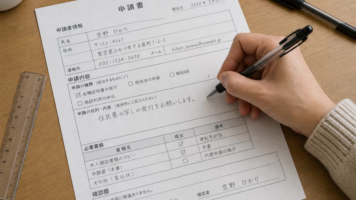 申請書に記入する手元