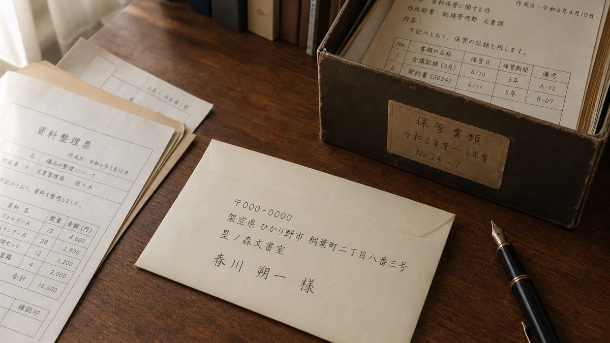 机に置かれた封書と古い書類箱