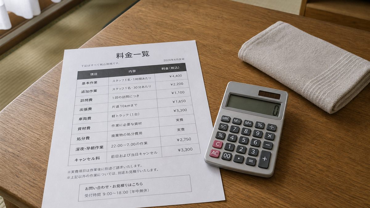 料金表と電卓を置いた机の上