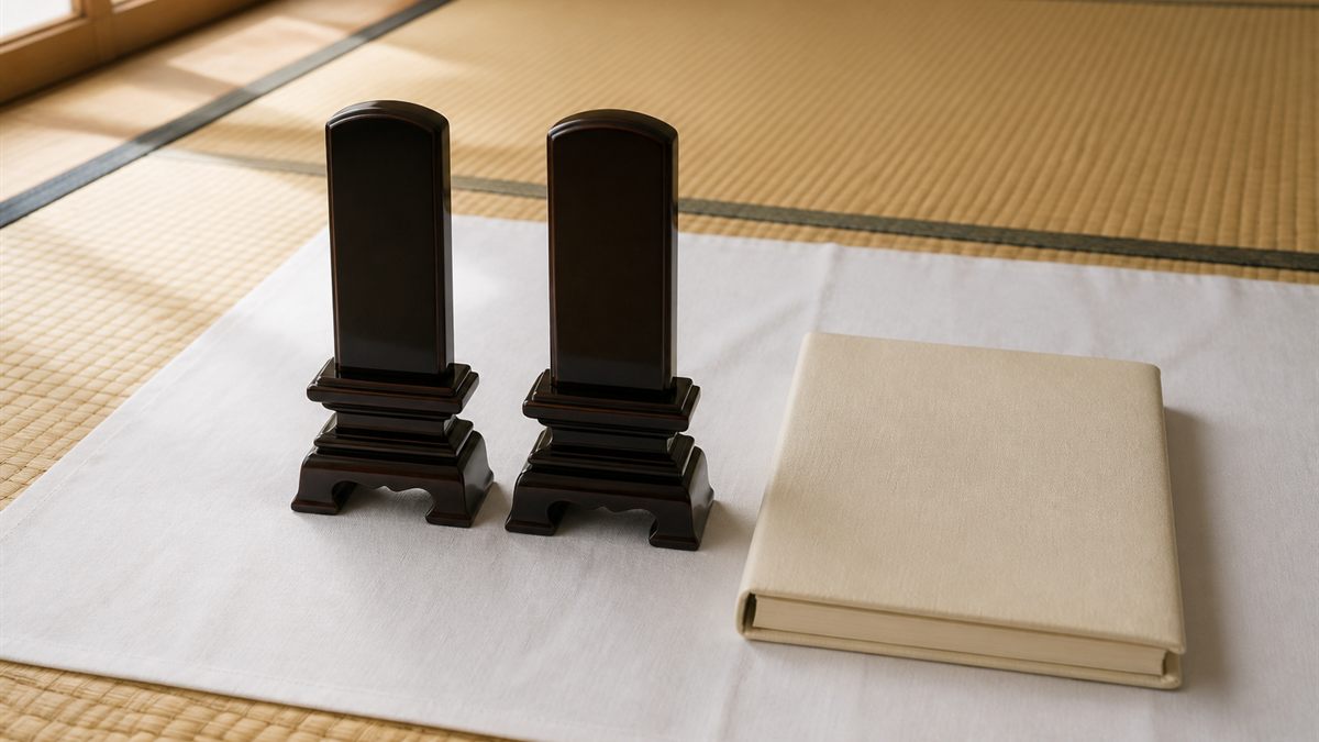 白布の上に置かれた位牌と過去帳