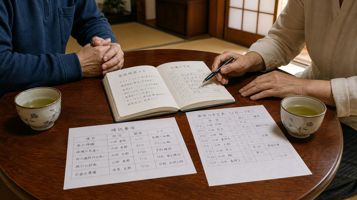 低い机を挟んで話し合う家族の手元