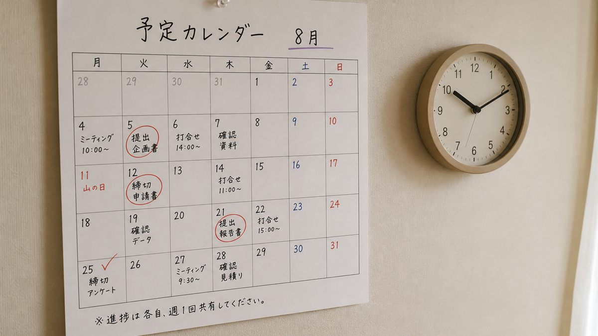 日付に印をつけた壁掛けカレンダー
