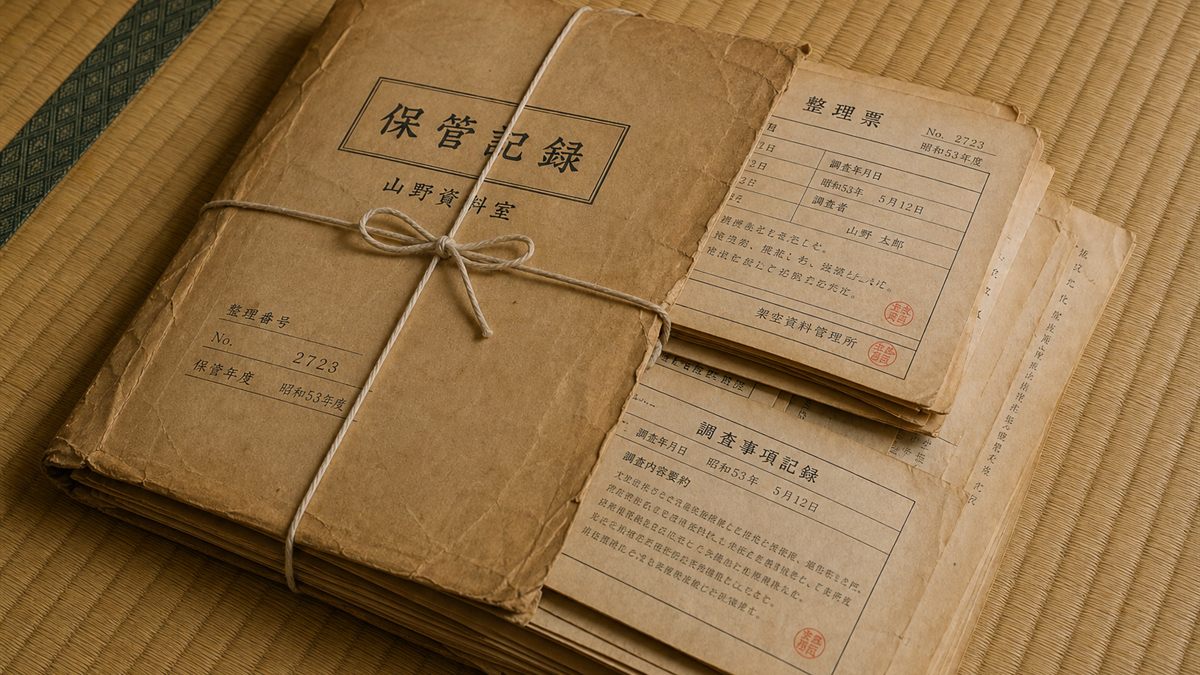 ひもで束ねた古い書類の入った紙ばさみ