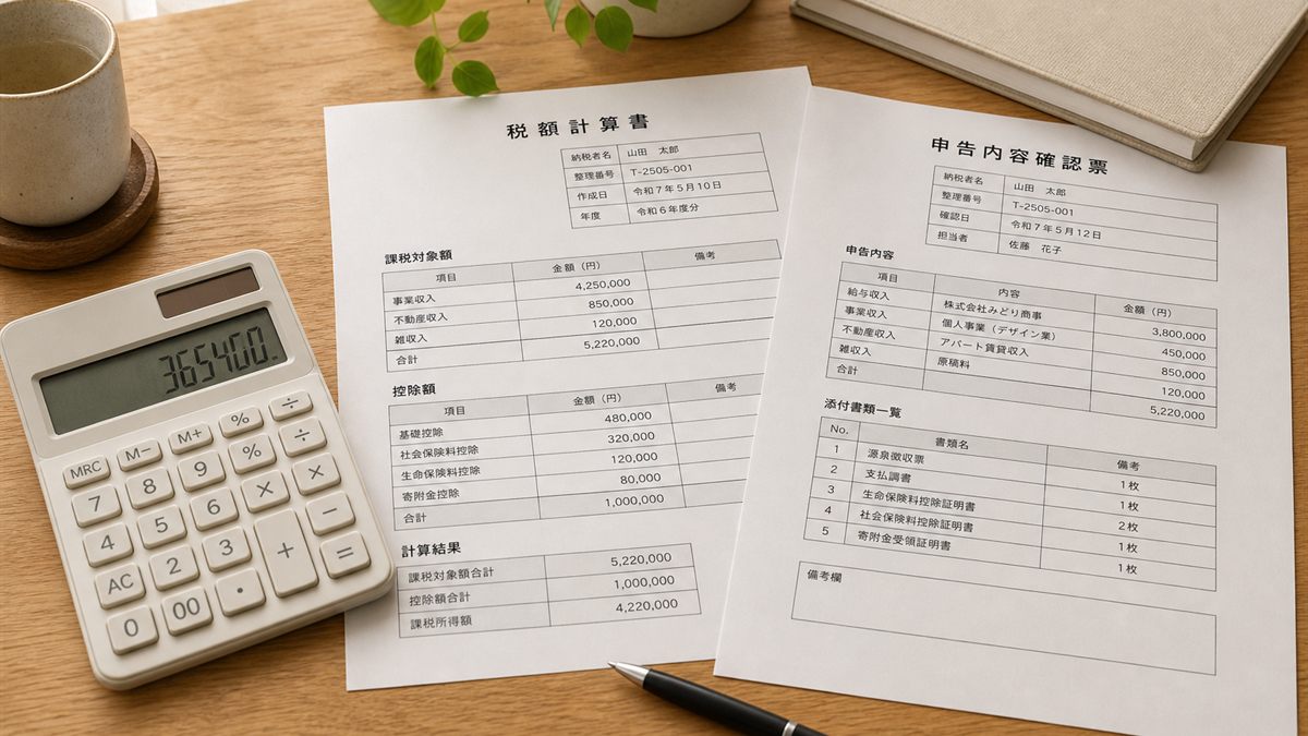 電卓と申告書を置いた机