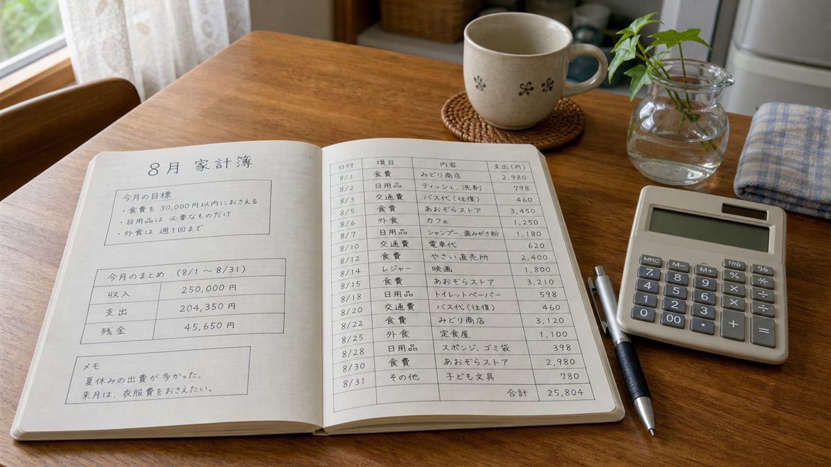 家計簿と電卓を置いた食卓