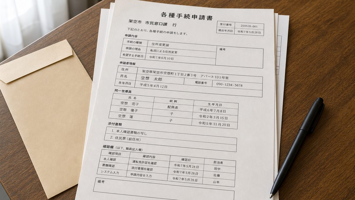 申請書と封筒、ペンを置いた机