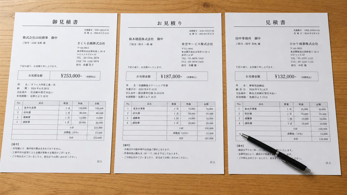 3社の見積書を並べて比べる机