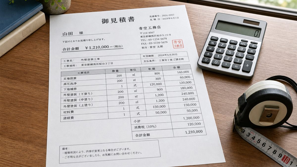 見積書と電卓、メジャーを置いた机