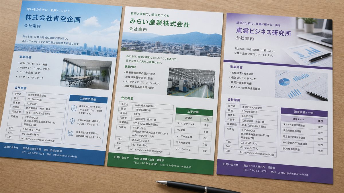 3社の資料を並べて比べる机