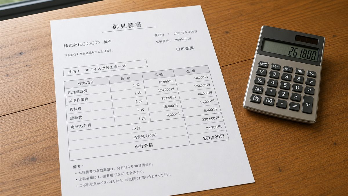 見積書と電卓を置いた机