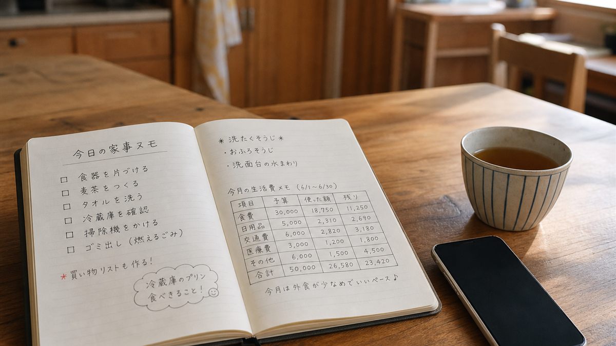 確認事項を書いたノートと携帯電話