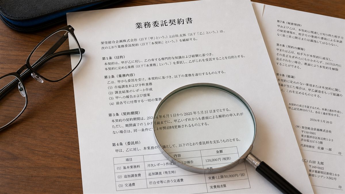 契約書と虫眼鏡を置いた机