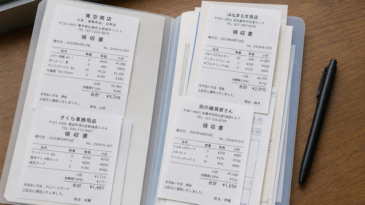 領収書をまとめたファイルとペン