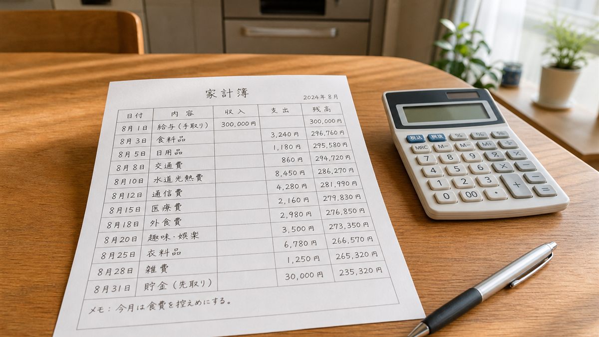 記録用の帳面と電卓を置いた食卓