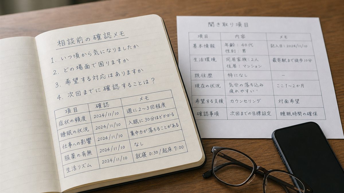 質問を書き出したノートと眼鏡