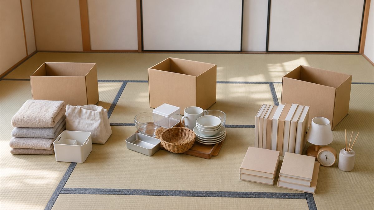 3つに仕分けた家財と空き箱