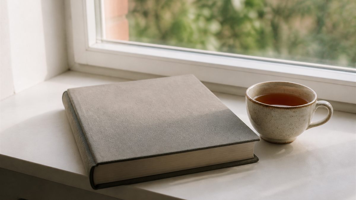 窓辺に置かれたアルバムとお茶