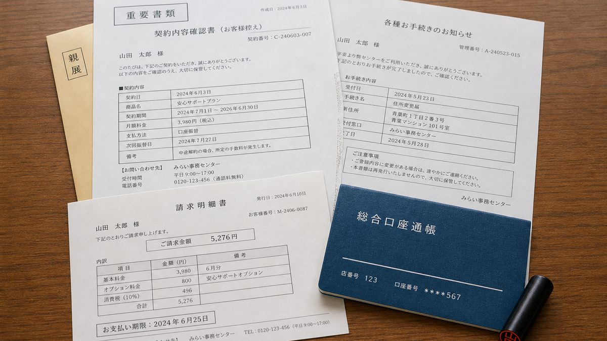 机にまとめた通帳と重要書類