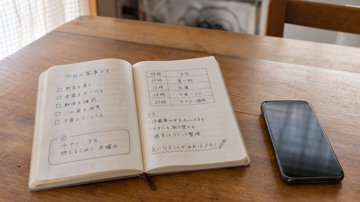 確認事項を書いたノートと携帯電話
