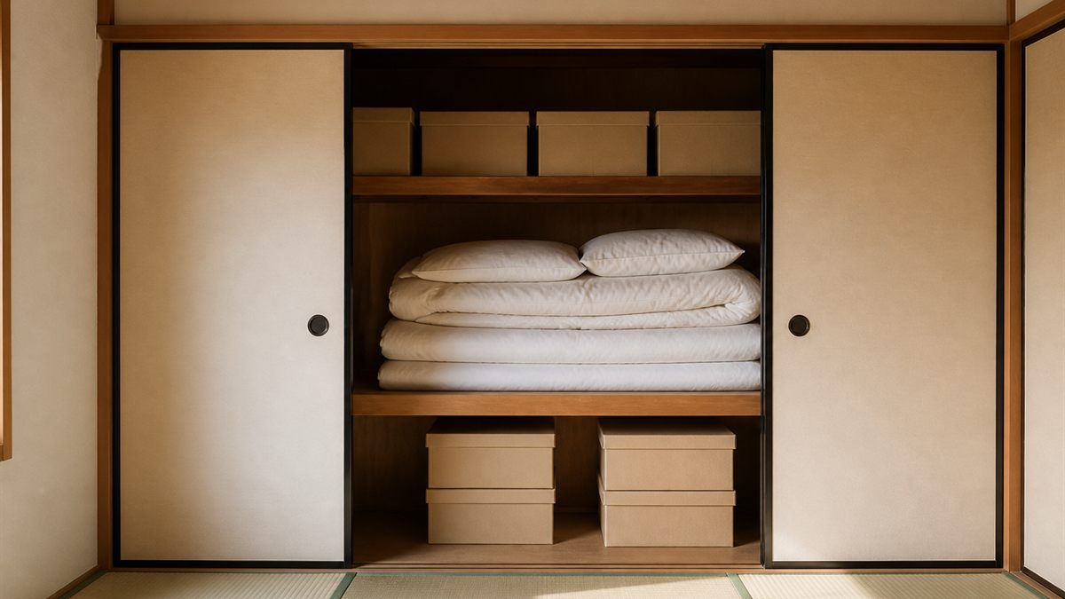 布団と箱が積まれた押し入れ