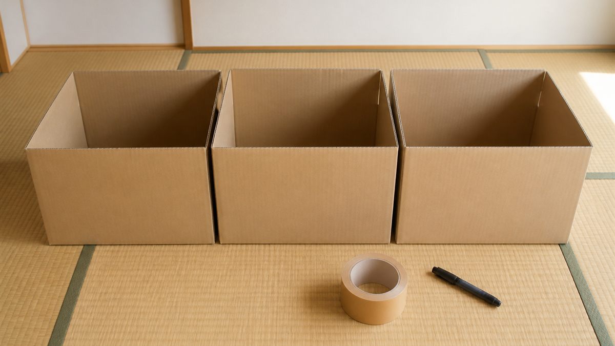 畳に並べた段ボール箱とテープ