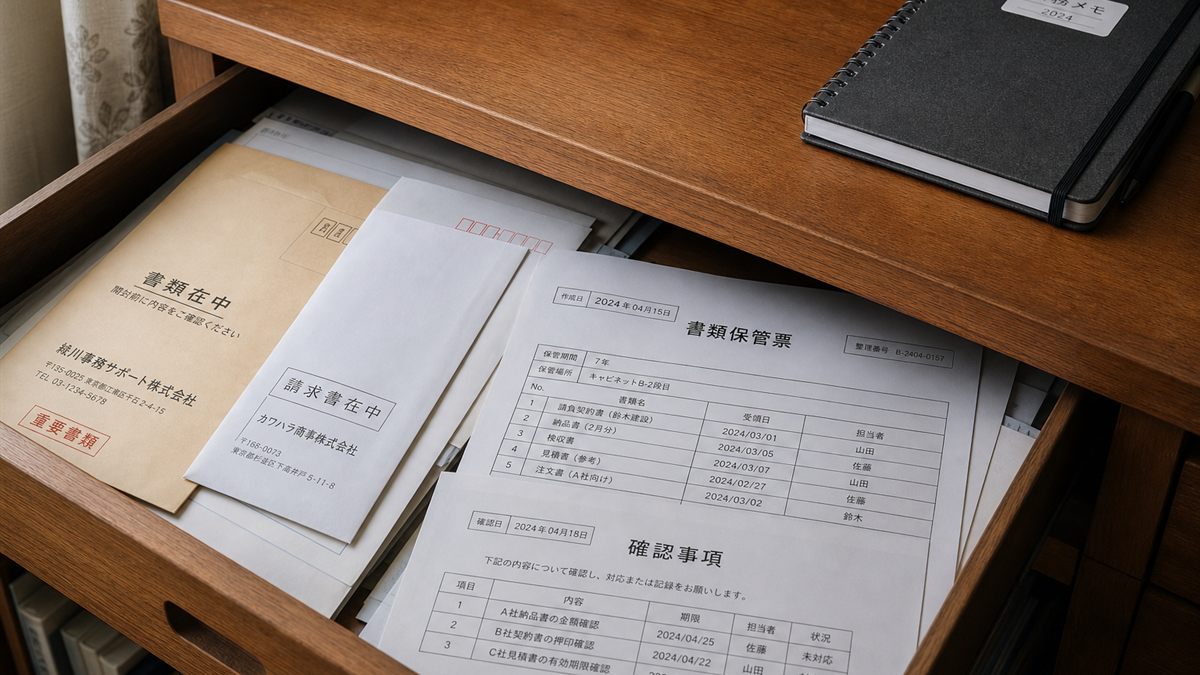 書類と封筒の入った机の引き出し