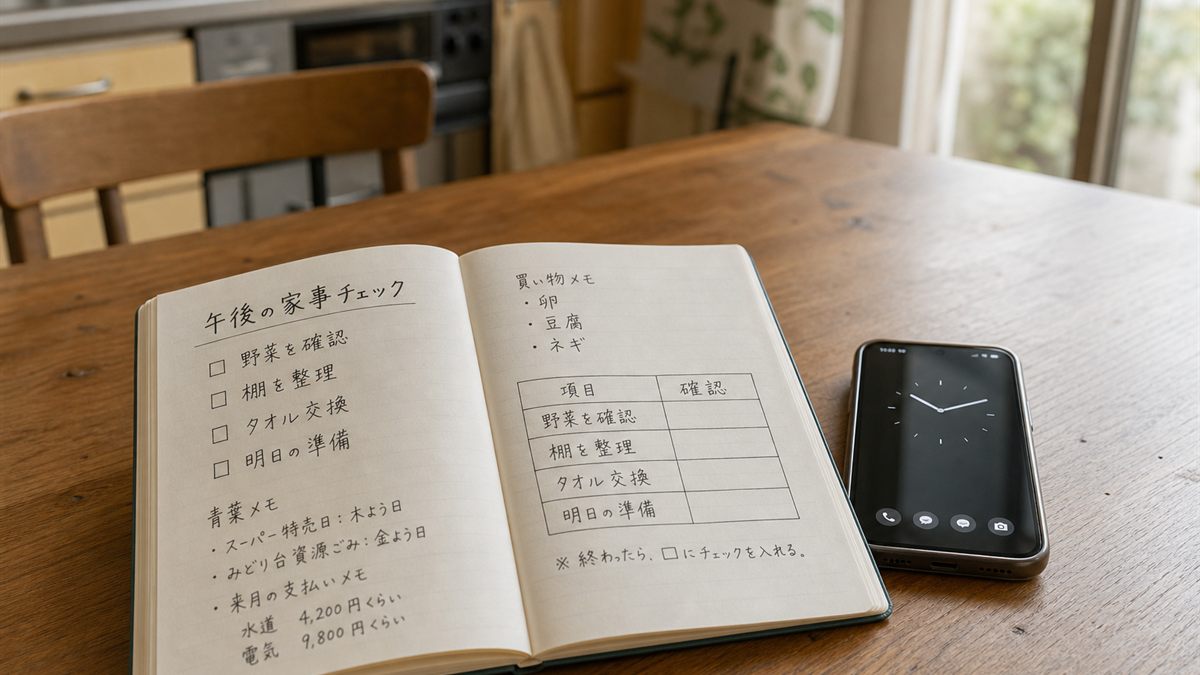 確認事項を書いたノートと携帯電話