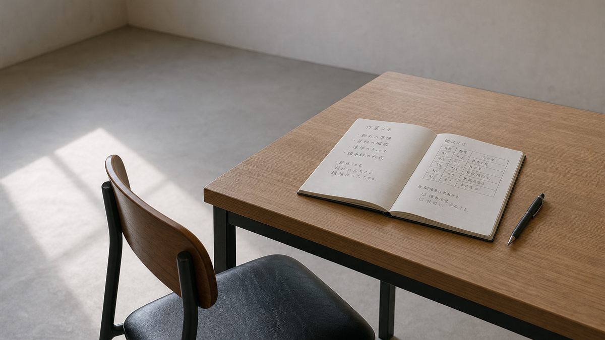 机とノートが置かれた静かな部屋