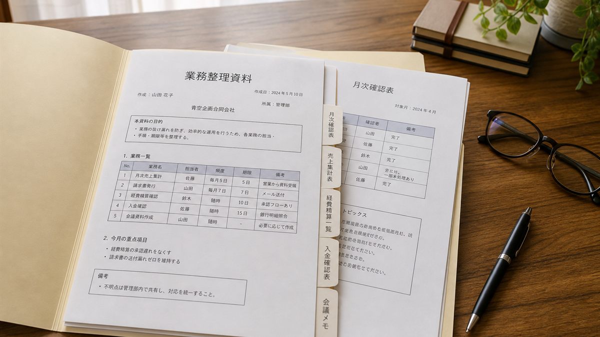 整理された書類ファイルと眼鏡