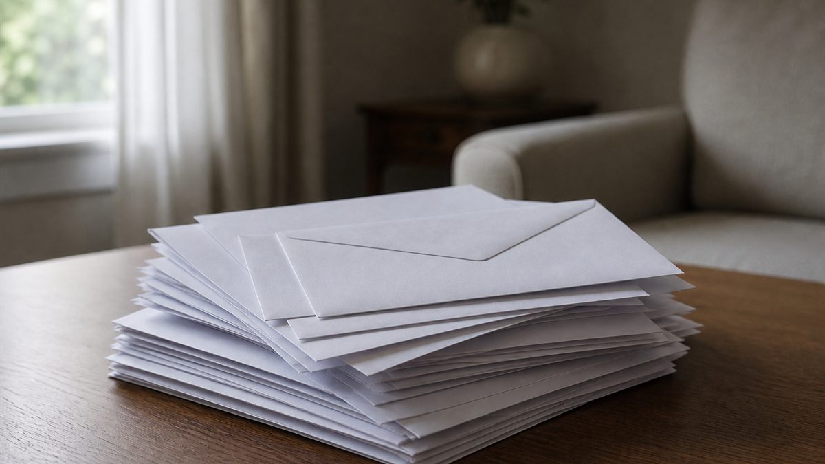 机に積まれた未開封の封筒と書類