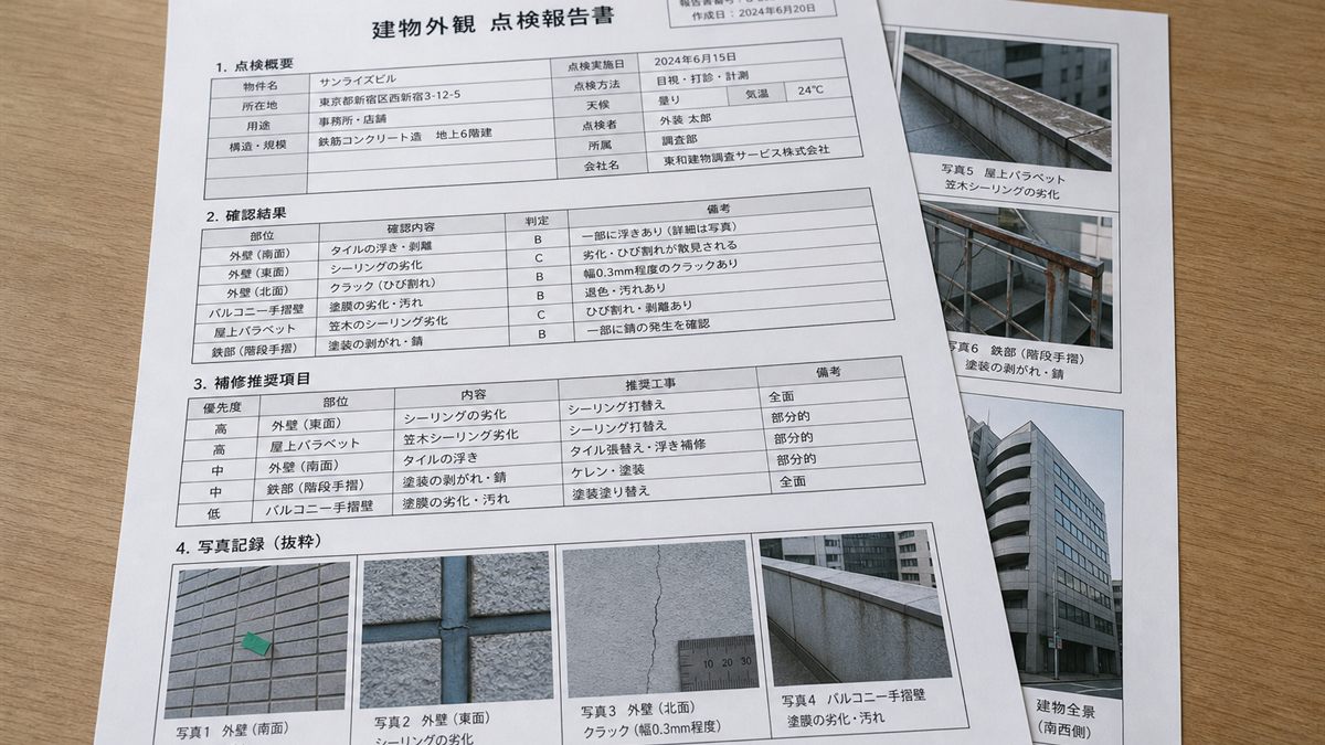 写真つきの点検報告書を置いた机