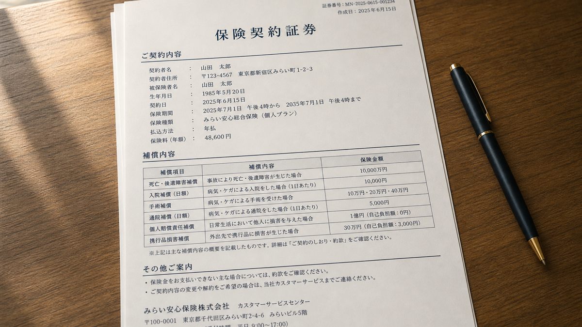 保険証券とペンを置いた机