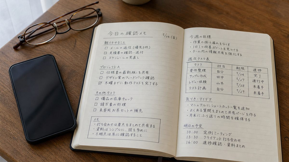 確認事項を書いたノートと眼鏡