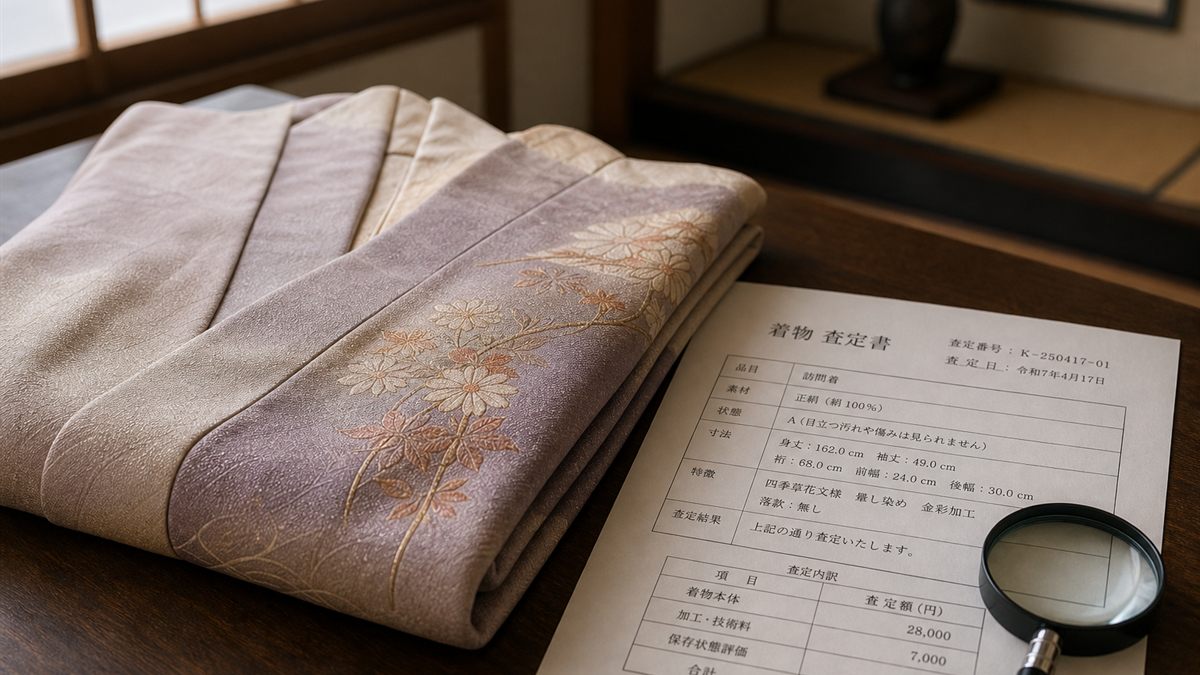 査定書と虫眼鏡を置いた机の上の着物