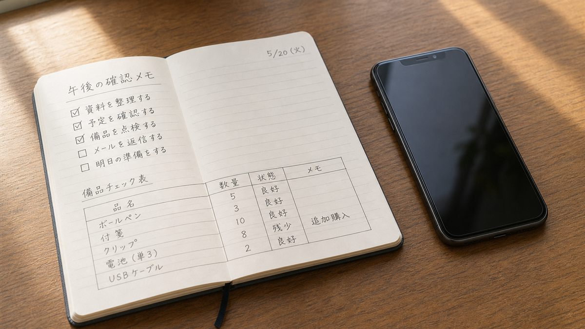 確認事項を書いたノートと携帯電話