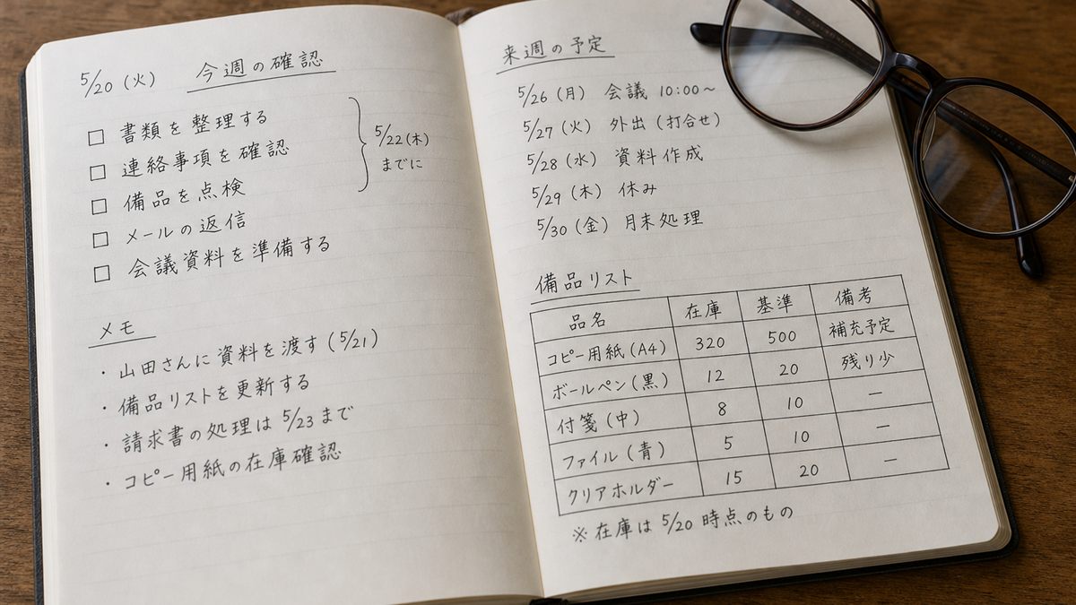 確認事項を書いたノートと眼鏡