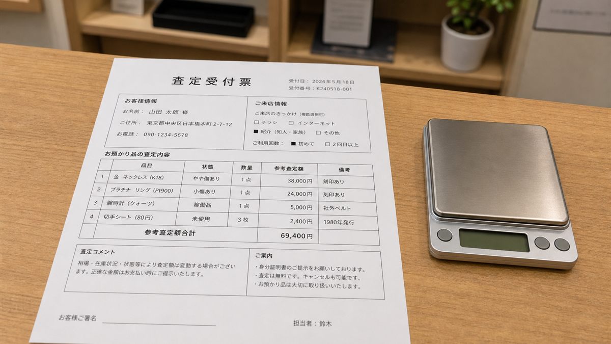 査定票とはかりを置いた買取店のカウンター