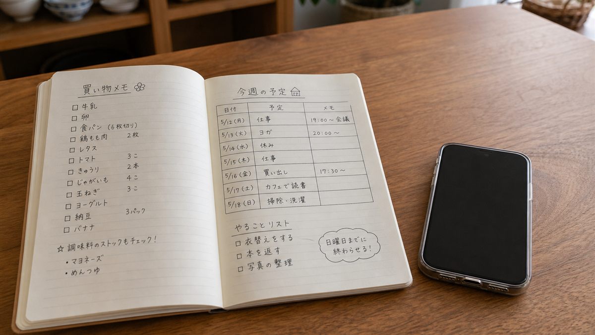 確認事項を書いたノートと携帯電話