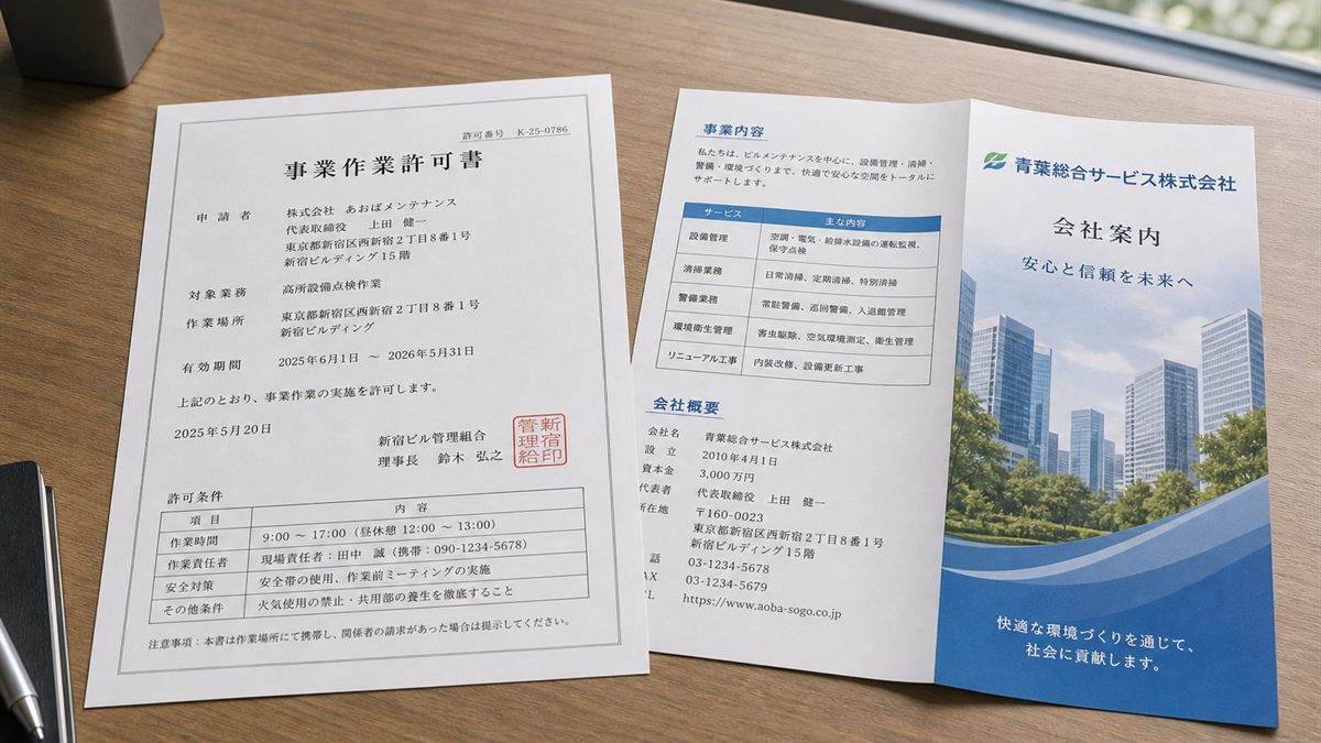 許可証と会社案内を置いた机