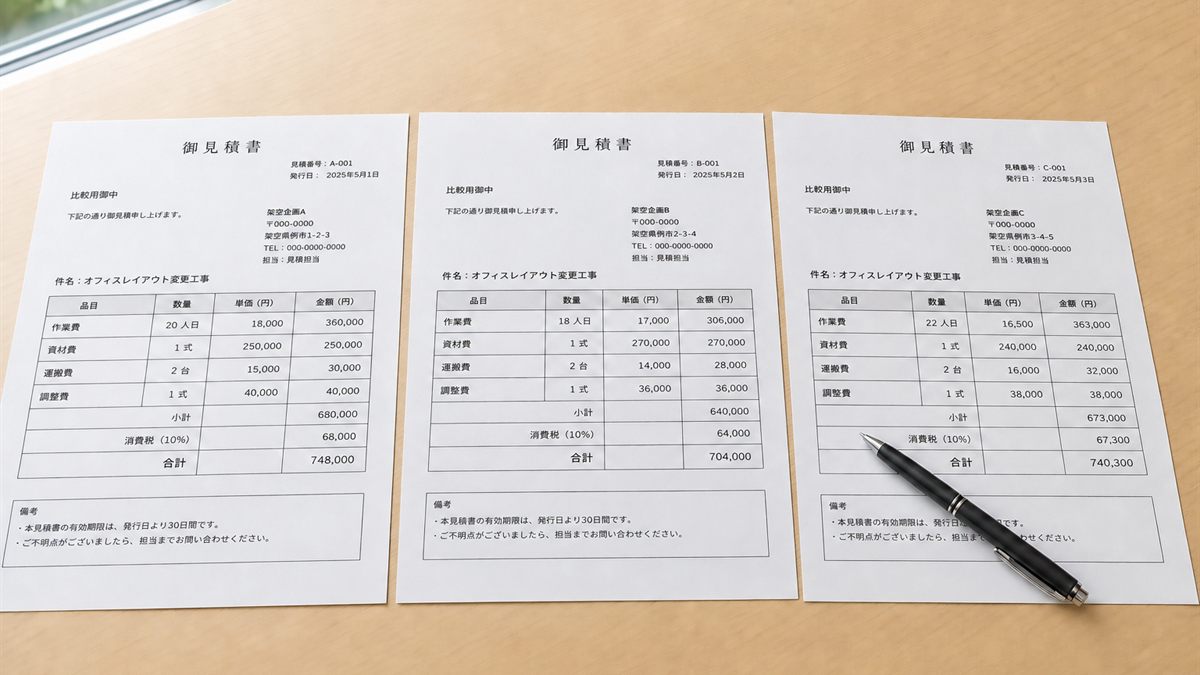 3社の見積書を並べて比べる机