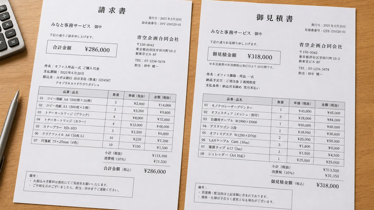 見積書と請求書を並べた机