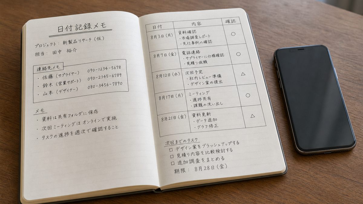 経過を記録したノートと携帯電話