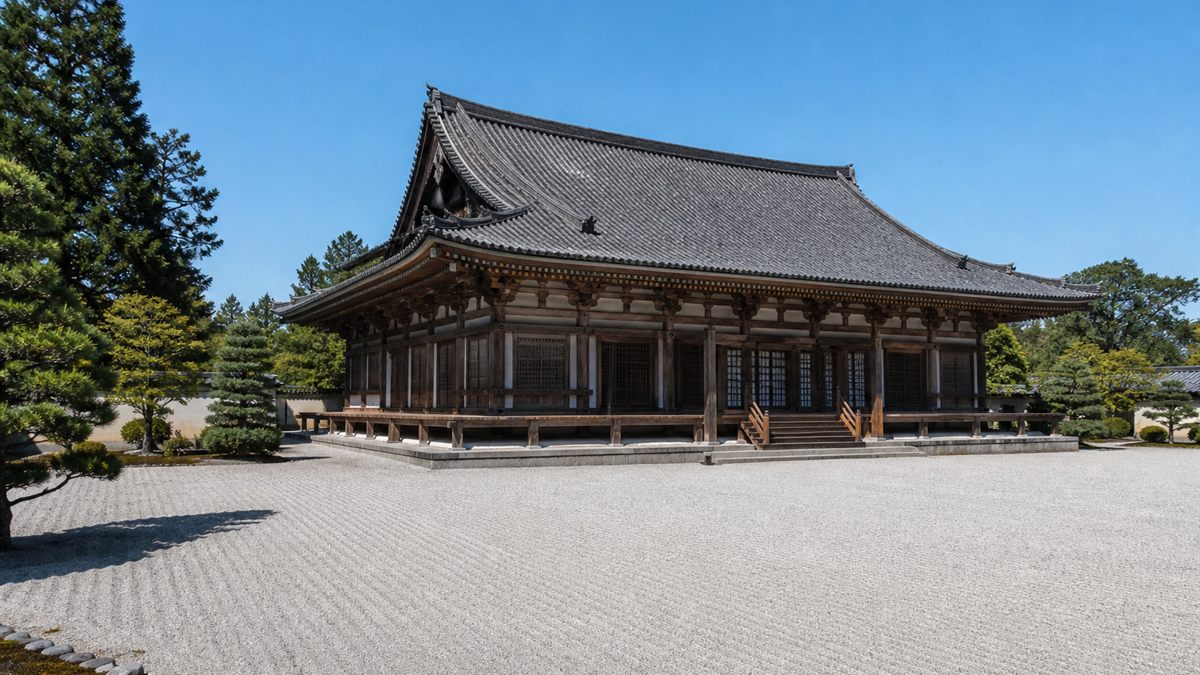 瓦屋根の寺院と玉砂利の境内